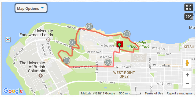 Map of bike route loop by English Bay and Spanish Banks