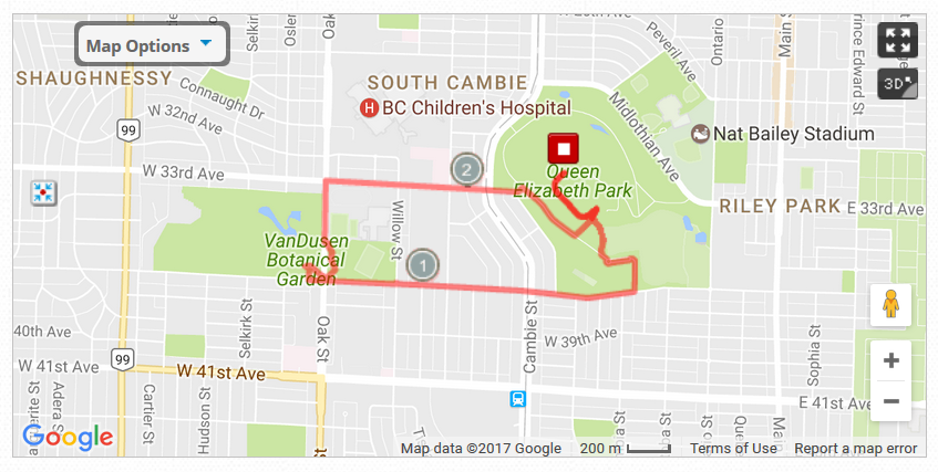 Map of bike route around Queen Elizabeth Park and VanDusen Botanical Garden