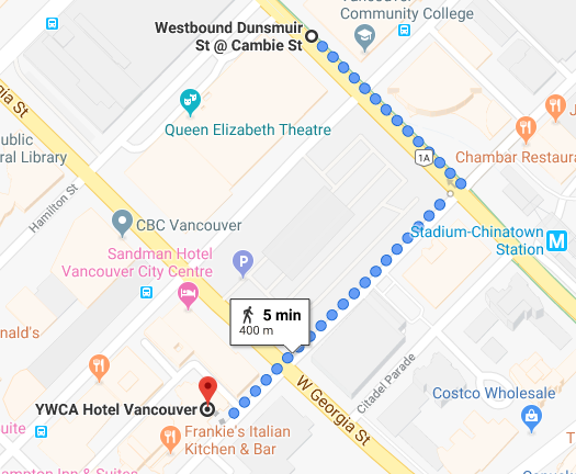 Walking instructions from Hotel Willo Vancouver to Horseshoe Bay Express Bus on Dunsmuir Street at Cambie