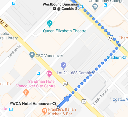 Walking instructions from Hotel Willo Vancouver to Horseshoe Bay Bus on Dunsmuir Street at Cambie