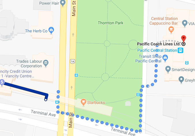 Walking instructions from Main Street-Terminal Expo Line Skytrain Station to Pacific Central Station