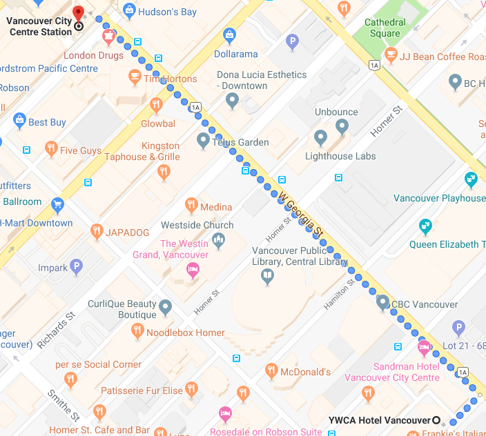 Walking directions from Hotel Willo Vancouver to Vancouver City Centre Canada Line Skytrain Station