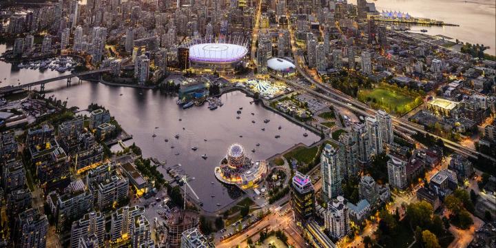 Vancouver aerial skyline view at sunset