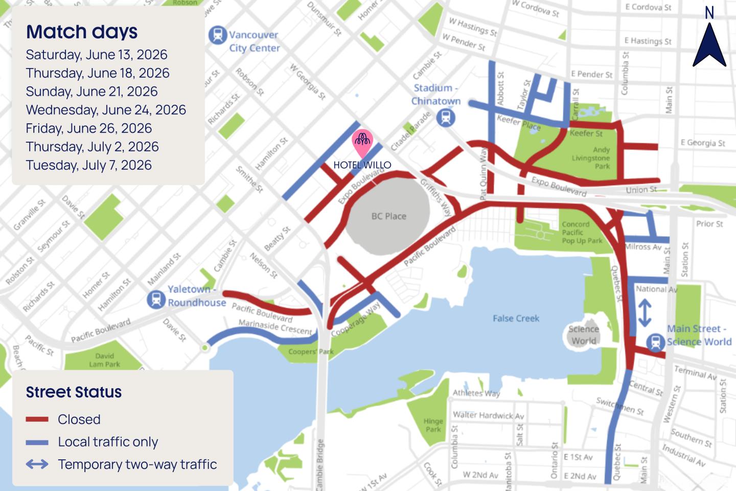 Road closures during match days (June 13, June 18, June 21, June 24, June 26, July 2, July 7)