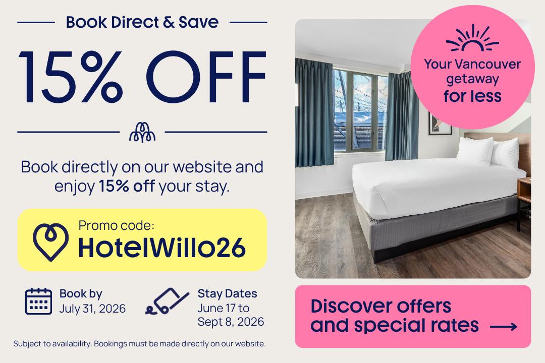Save 15% off our best available rate when you book directly with Hotel Willo. Use promo code HotelWillo26.