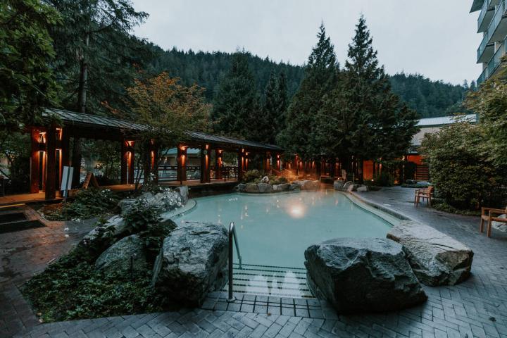 A photo of the hot springs pool in the evening at Harrison Hot Springs Resort.