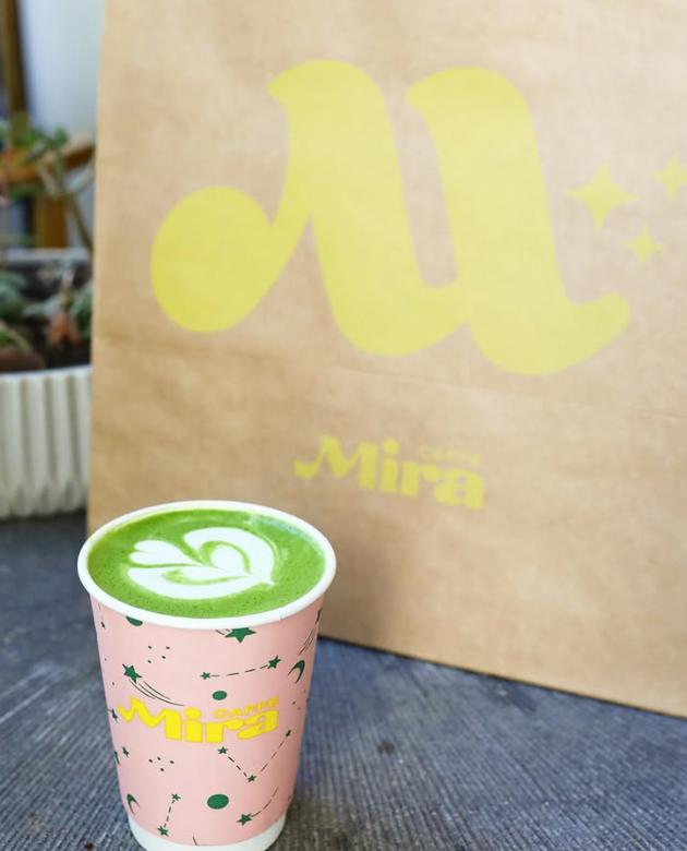 Caffe Mira logo with matcha latte