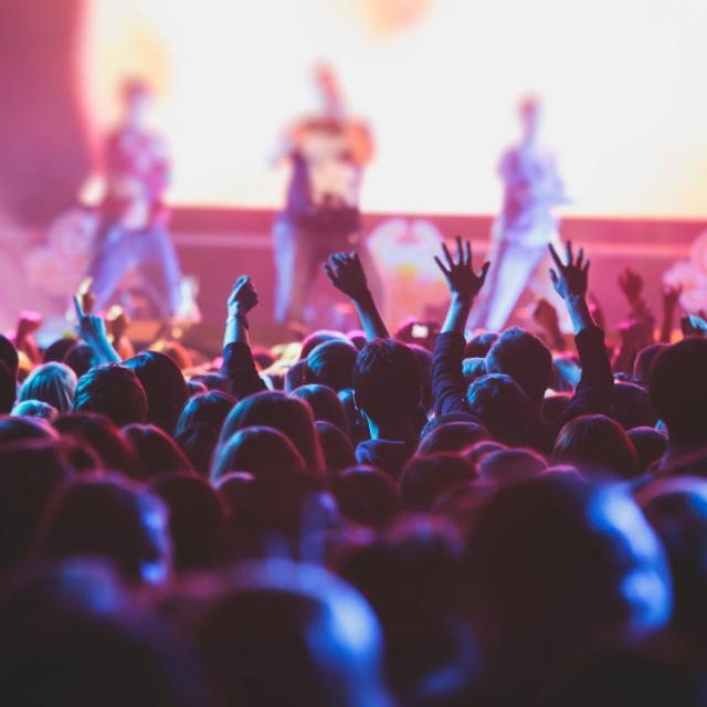 A crowd at a concert with lighting on the performers